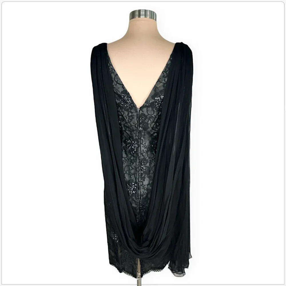 Vintage Black Lace Sequin Floral Draped Scarf Wiggle Sheath Dress Retro 36